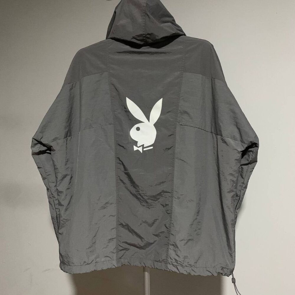 Playboy by PacSun Nylon Anorak Pullover Windbreaker Jacket Gray Hood M - Picture 3 of 9